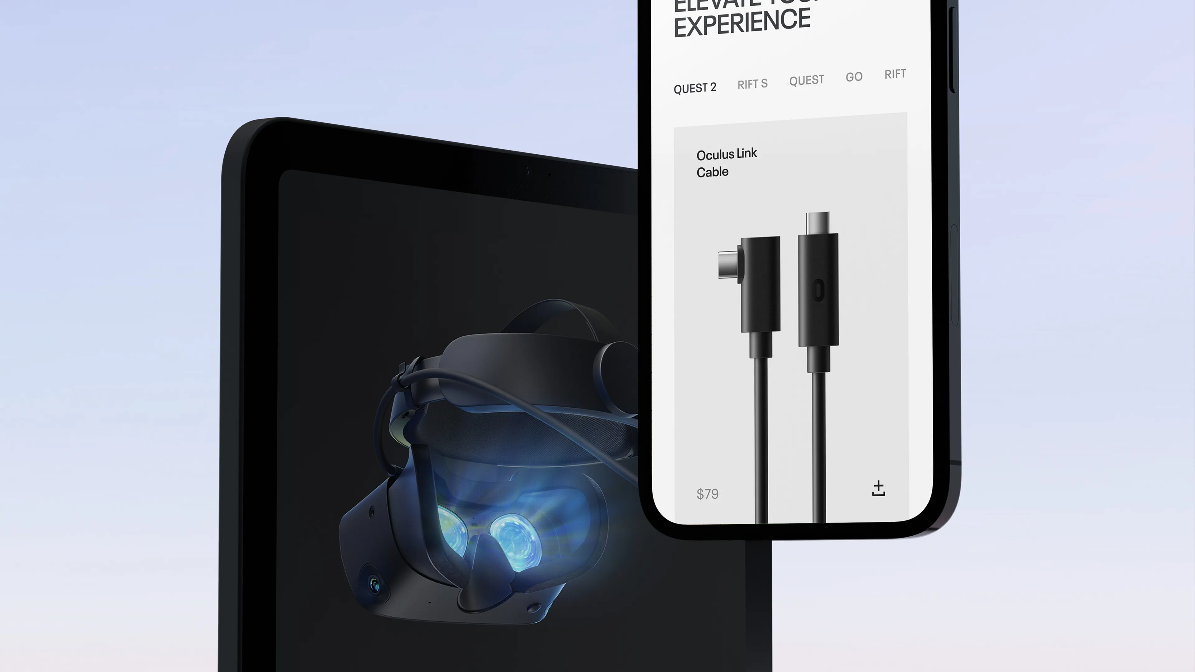 Oculus Link cable accessory page on a phone beside a tablet showing the Quest 2