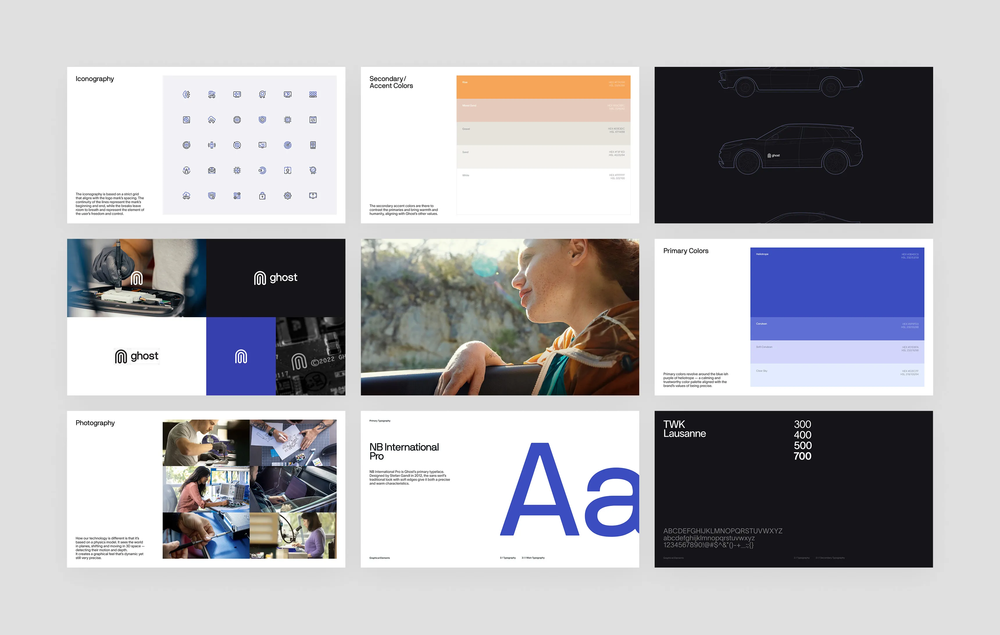 Pages from the Ghost brand guidelines: iconography, color, photography and typography
