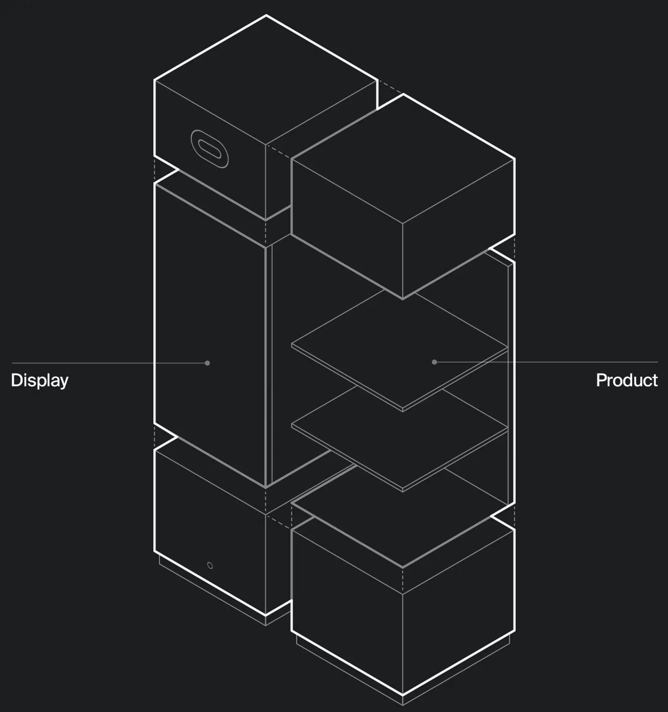 Line drawing of the single-screen display with product shelves