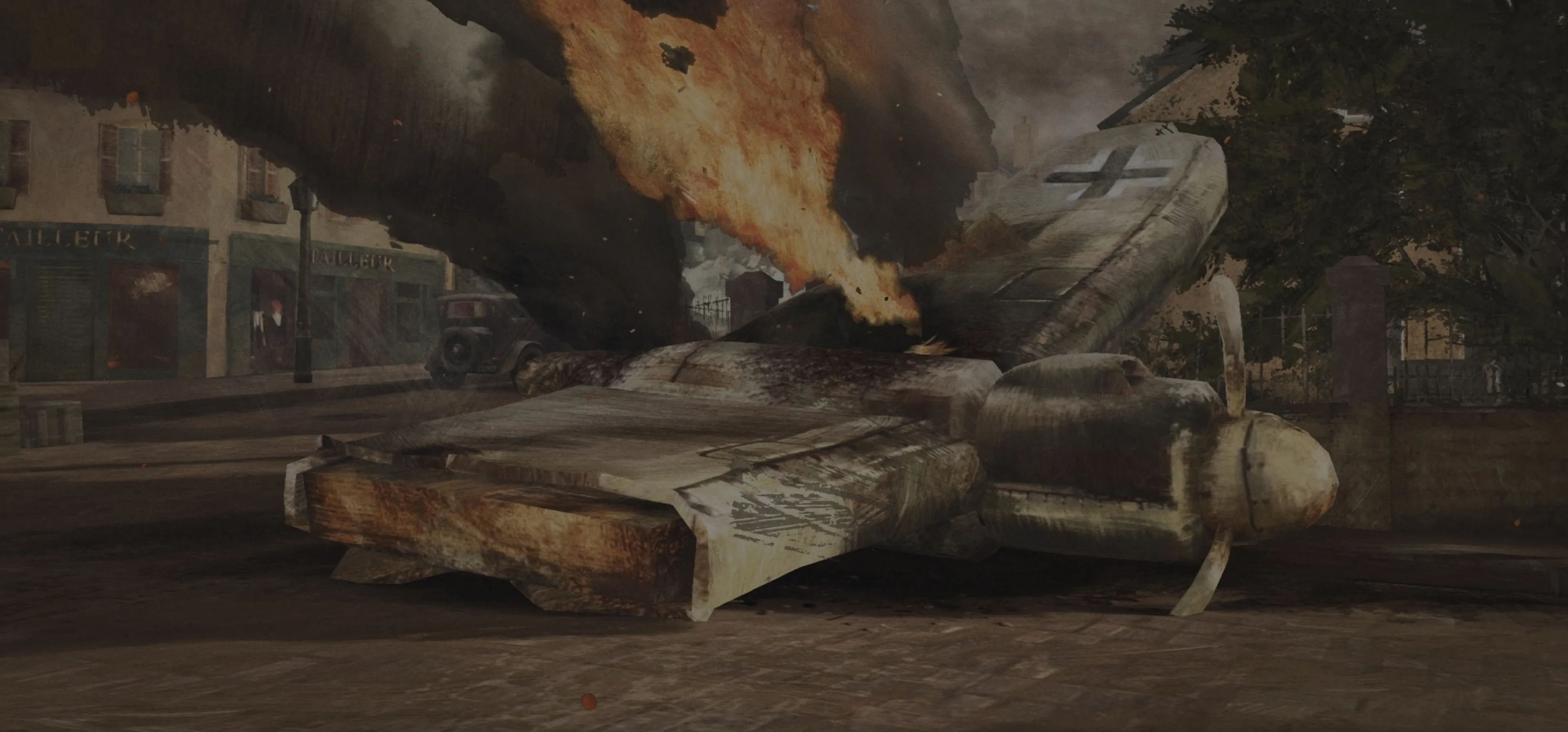 A burning aircraft frozen mid-crash over a battlefield