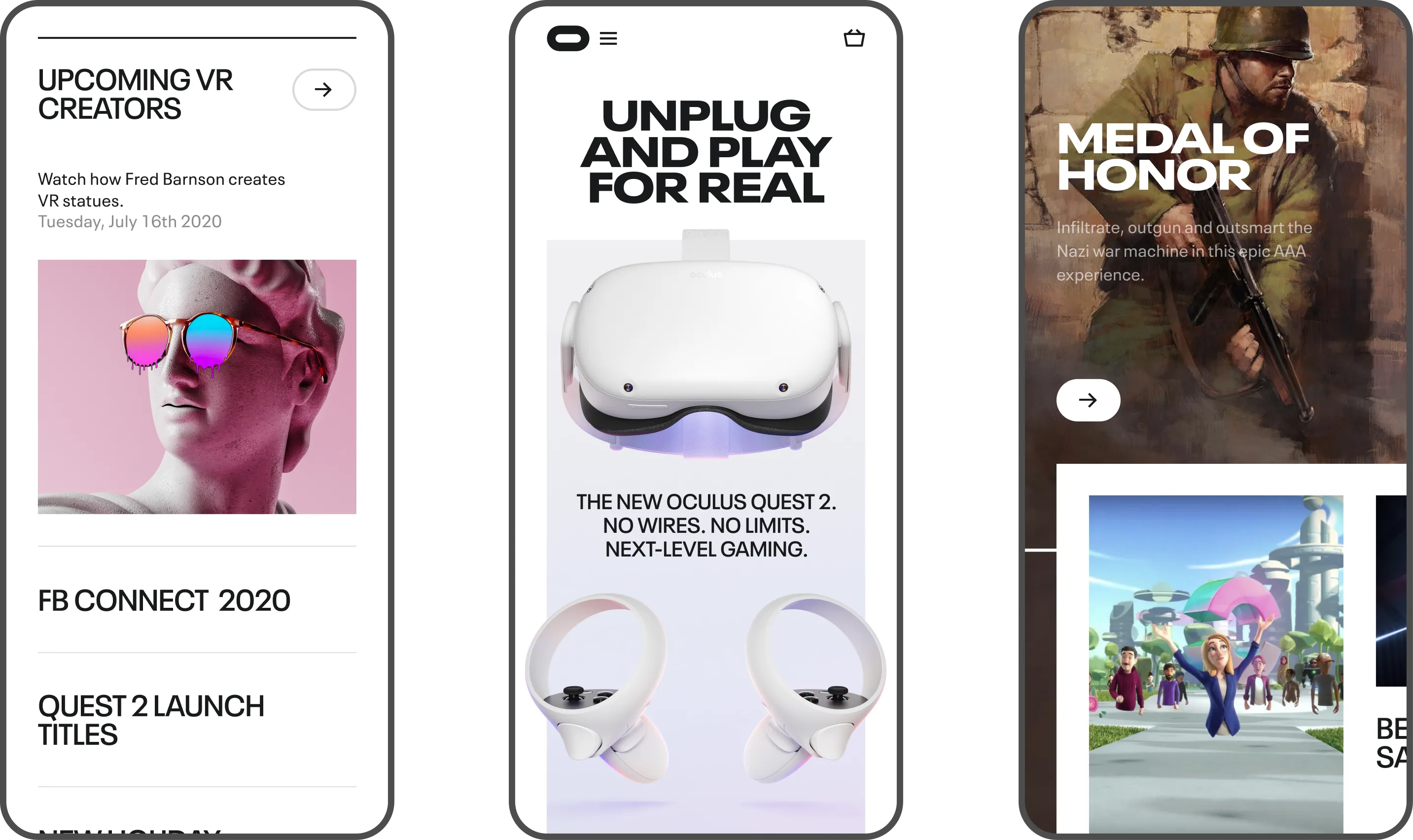 Oculus.com on mobile: upcoming VR creators, Unplug and Play for Real, and Medal of Honor