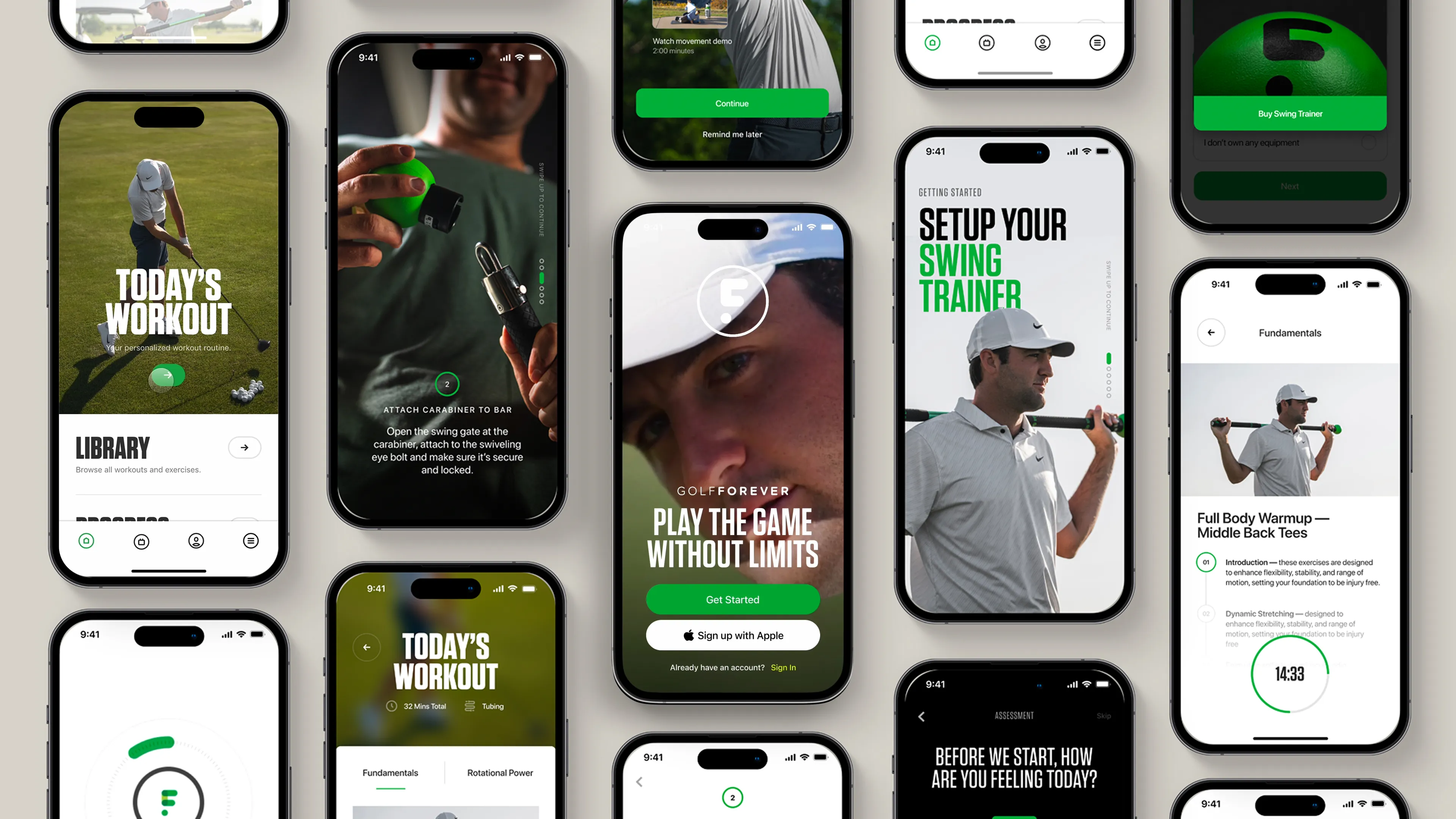 A wall of GolfForever app screens: workouts, onboarding, the swing trainer and the library